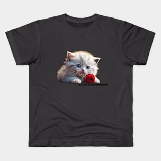 White kitty Valentine with red rose. AI generated image Kids T-Shirt